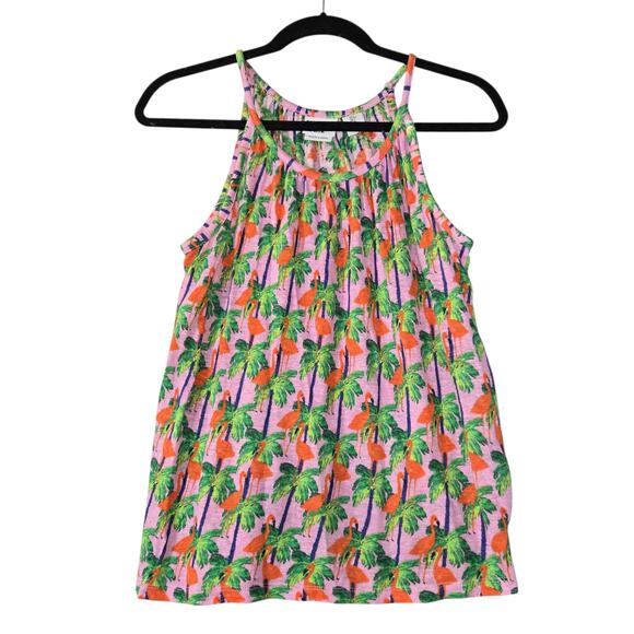 Bouffants & Broken Hearts Womens Small Linen Tank Top Pink Flamingo Palm Trees - Picture 5 of 10